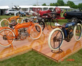 DSC05803 Five of Dick's motorcycles on display at the 2009 Concours d'Elegance: 1913 Indian Board Track Racer, 1914 Flying Merkel Twin, 1911 Flying Merkel Board Track...