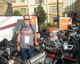 2016 Cannonball 09-10 IMG_1116 Sept 10, Atlantic City, NJ:    Our rider, Steve MacDonald, posing with our 1912 Henderson minutes before the race.