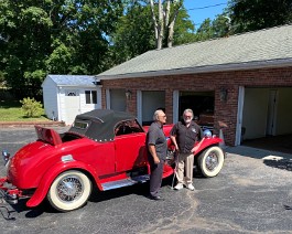 2022 Cruising New England with Paul Mennett 2022-07-10 2545 Paul Mennett with Dick Shappy at Dick's residence standing next to Dick's 1929 Duesenberg Model J-268 Convertible Coupe.