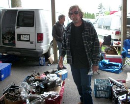 Oley Penn 2011 100_2789 (2) Fred Lange posing with 8-valve oval port Harley and 8-valve Indian engines.