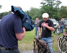 Rhinebeck 2010 100_0686 Sean B. being interviewed for the Motorcycle Cannonball when he slipped and called all Harley riders, "scumbags".