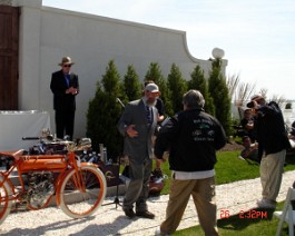 DSC03924 Dick Shappy receiving the award for "Best Motorcycle" 1911 Flying Merkel Twin from show director Mark Hurowitz at the Concours D'Elegance, Newport, Rhode Island...