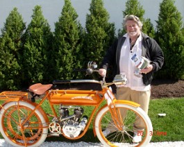 DSC03928 Dick Shappy with trophy for "Best Motorcycle" and his 1911 Flying Merkel Twin at the Concours D'Elegance, Newport, Rhode Island on May 25-26 2008.
