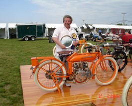 DSC05812 Dick displaying the "Best Motorcycle " trophy for his 1914 Flying Merkel Twin, Newport, Rhode Island May 31, 2009.