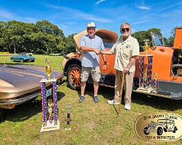 1917 Locomobile Mod 48 Corvette Club of R I 2026 01 Dick Shappy shakes the hand of the other awardee of the President's Choice Award in the Corvette class at the Corvette Club of Rhode Island's Corvettes &...