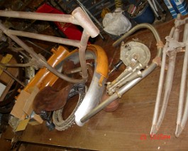 1911 Flying Merkel 50-50 V-Twin DSC01398 6 HP IOE Atmospheric Intake Mechanical Exhaust Valve Direct Belt Drive With Eclipse Clutch Sprung Girder Front Fork Coil Spring Swing Arm Rear Frame Parts shown...