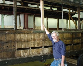 DSC00883 Chris Brayton, known for his restoration work on early colonial homes in the area has joined the trolley restoration project.